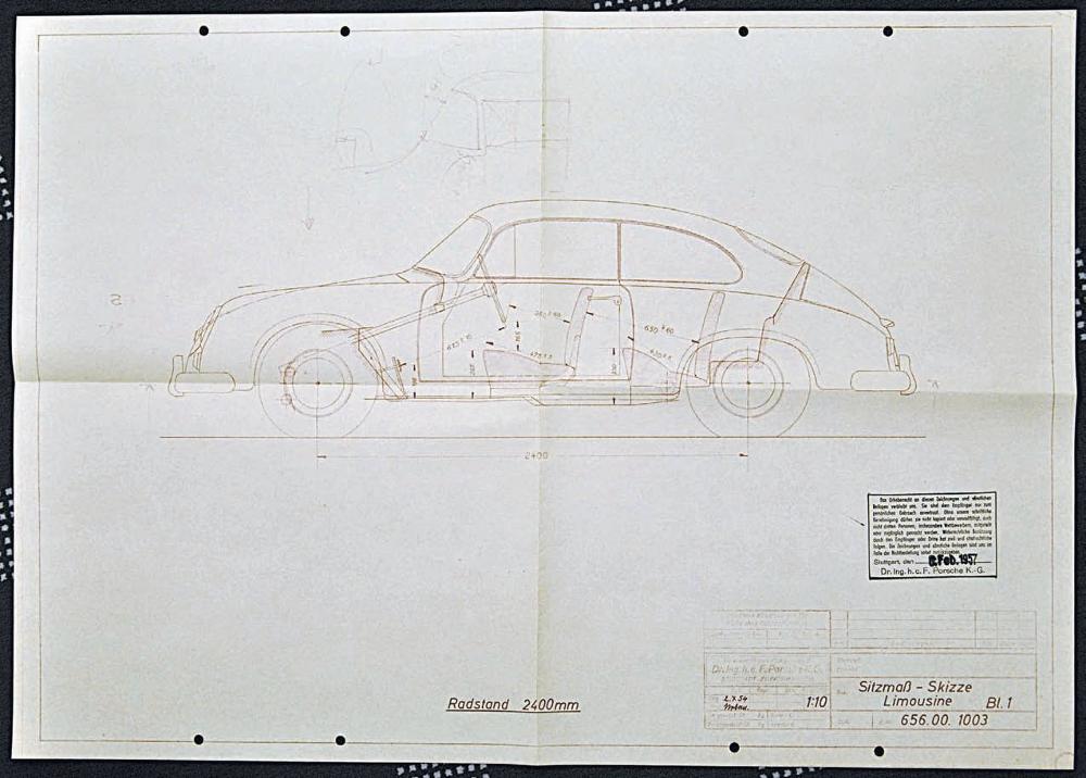 The Typ 656 on a 2,400-millimeter wheelbase provided comfortable rear seat room with two-thirds of a meter from seat back to seat back. This 1:10-scale seat measurement sketch appeared July 2, 1954. Porsche Archiv
