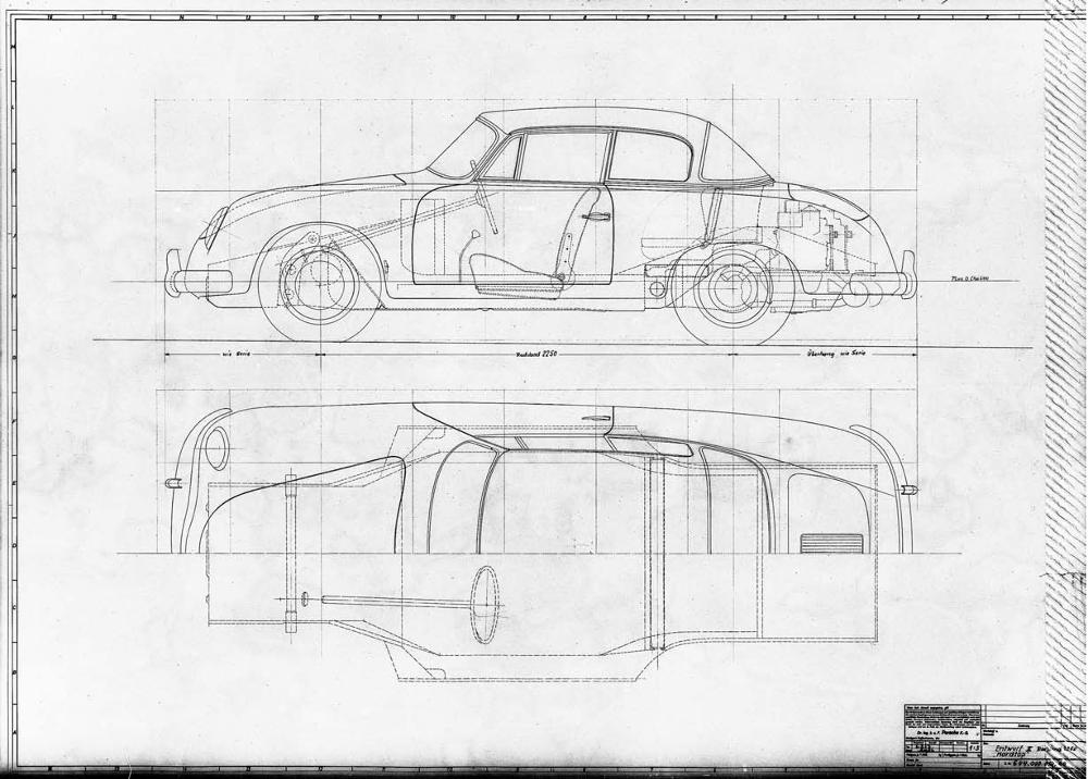 This February 6, 1957, plan of the Typ 644 put the car on the 2,250-millimeter wheelbase. This 1:5 drawing designated the car as a hardtop. Porsche Archiv