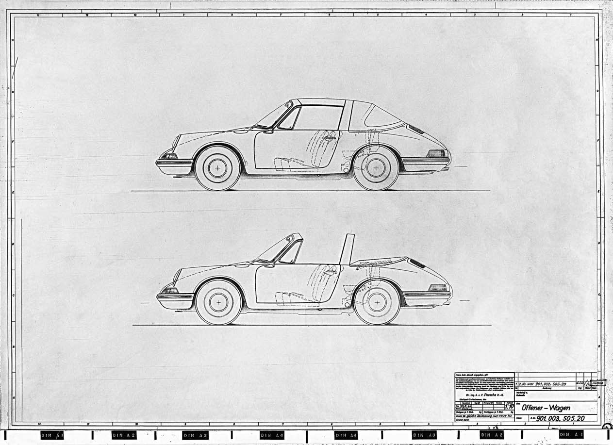 Called the Offener-Wagen, this drawing, completed May 23, 1964, showed Porsche’s thinking about its open 911. Barely two weeks later, Ploch and Trenkler had a full-size prototype to demonstrate. Porsche Archiv