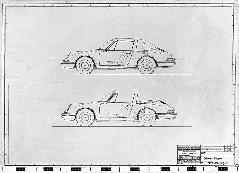 Called the Offener-Wagen, this drawing, completed May 23, 1964, showed Porsche’s thinking about its open 911. Barely two weeks later, Ploch and Trenkler had a full-size prototype to demonstrate. Porsche Archiv