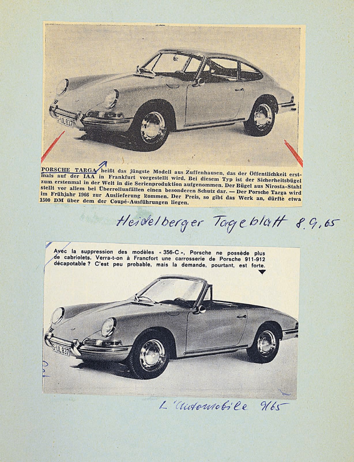 The September 1965 issue of L’Automobile published this single photo with a caption that read, “With the end of the 356C models, Porsche had no cabriolets. Will we see at Frankfurt a Porsche 911–912 convertible? It’s unlikely but the demand, however, is strong.” Porsche Archiv 
