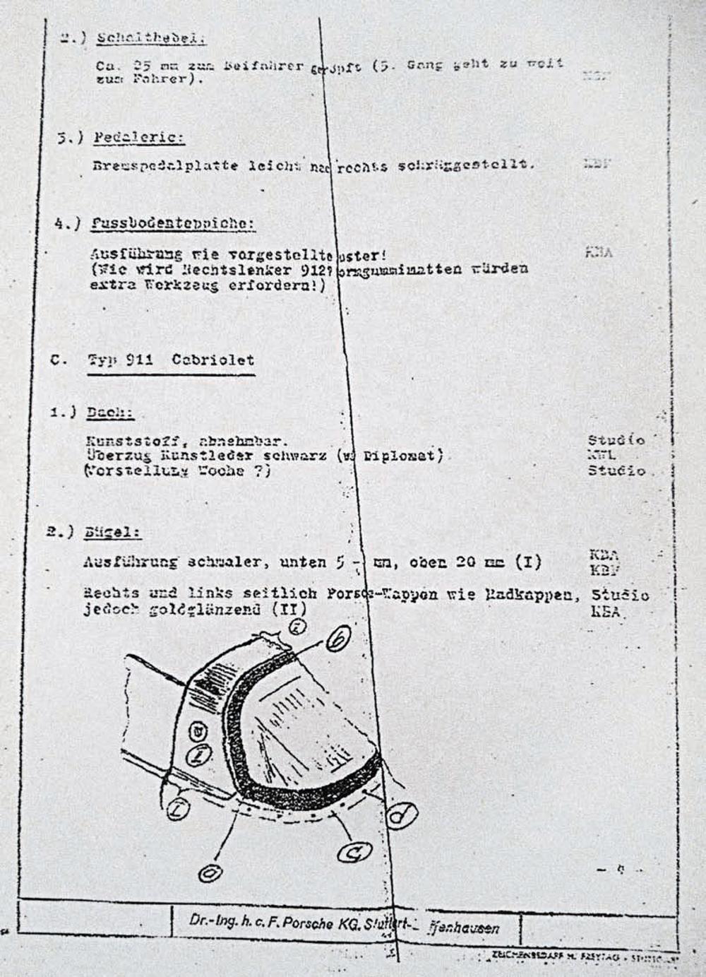 From this Aktennotiz from February 1, 1965, it is clear that Porsche’s decision for the Typ 911 Cabriolet open car was the Targa with a zipper-removable rear window, a rollover bar covered in stainless steel and fitted with a Porsche badge, and a removable roof panel over the driver’s head. Porsche Archiv