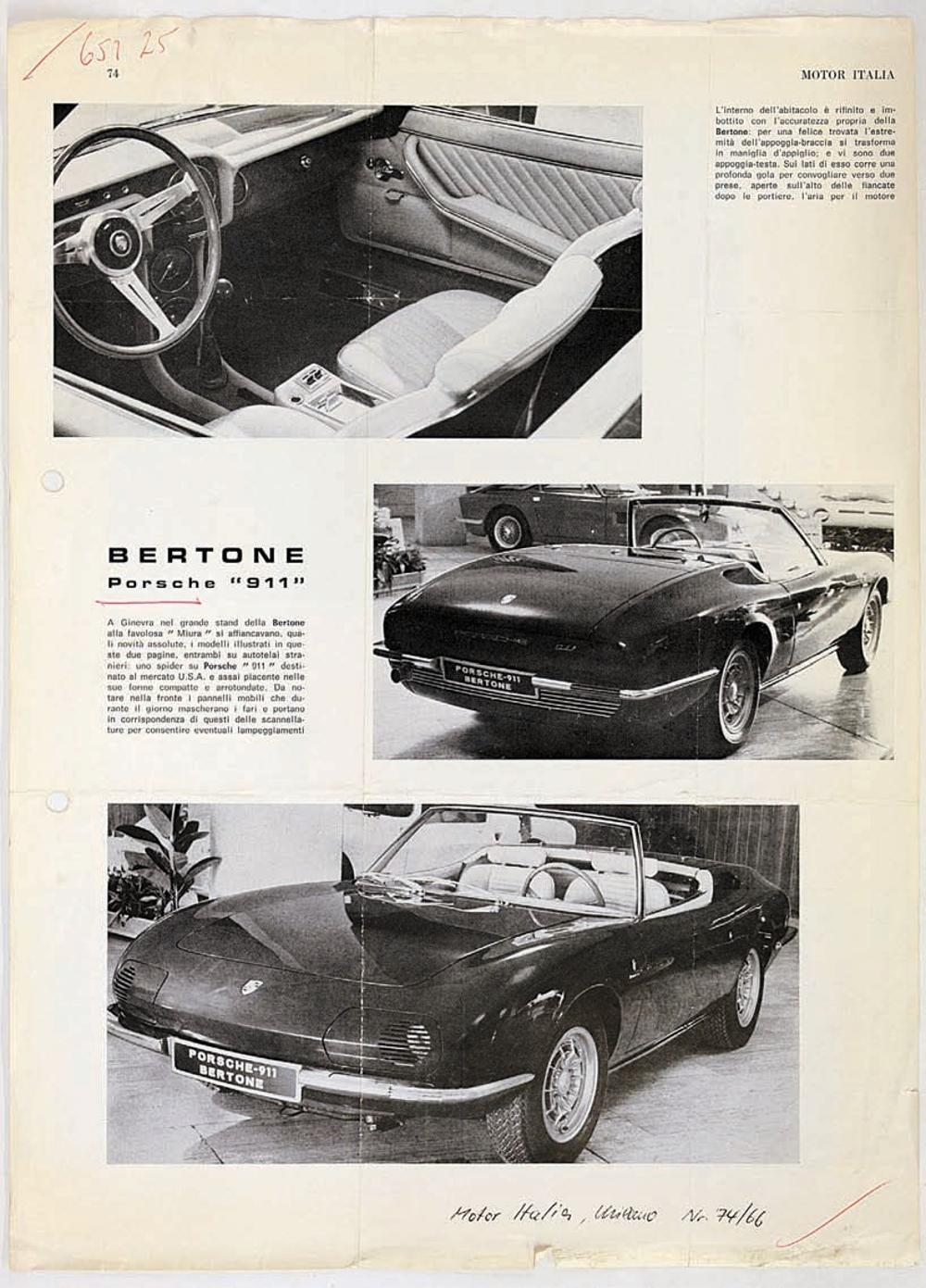 The April 7, 1966, issue of Motor Italia devoted a full page to the Bertone Porsche 911, writing, “At Geneva, on the large stand of Bertone . . . A spider of the Porsche 911, destined to be marketed in the U.S.A.” The caption called attention to the retractable headlight covers. Porsche Archiv