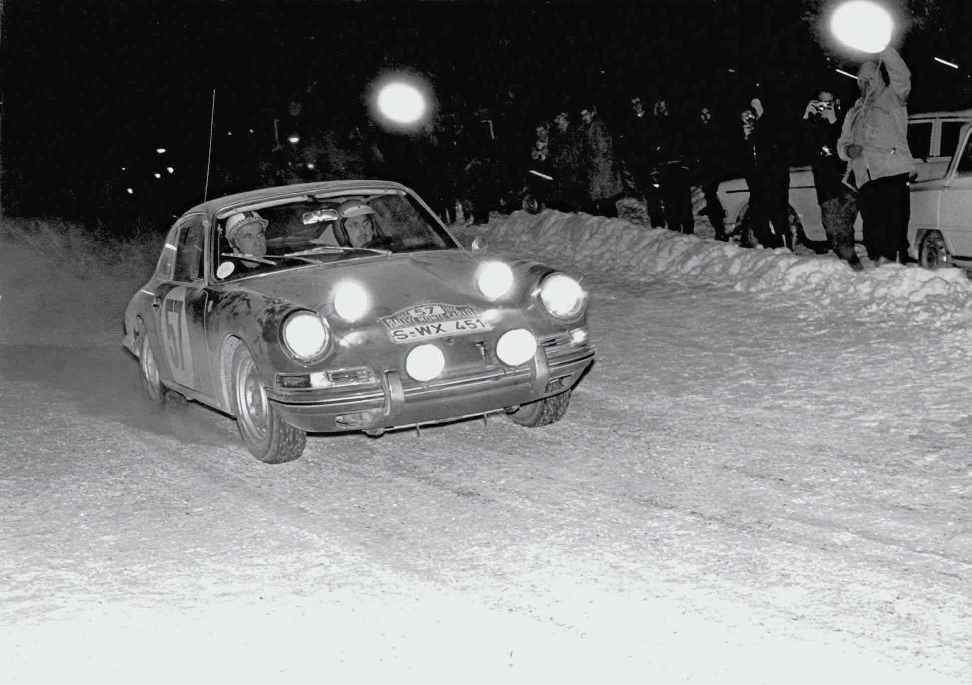 Driver Jo Schlesser and navigator Robert Buchet won the final stage of the 1966 Monte Carlo Rally. They finished second in GT class behind another Porsche 911. Porsche Archiv