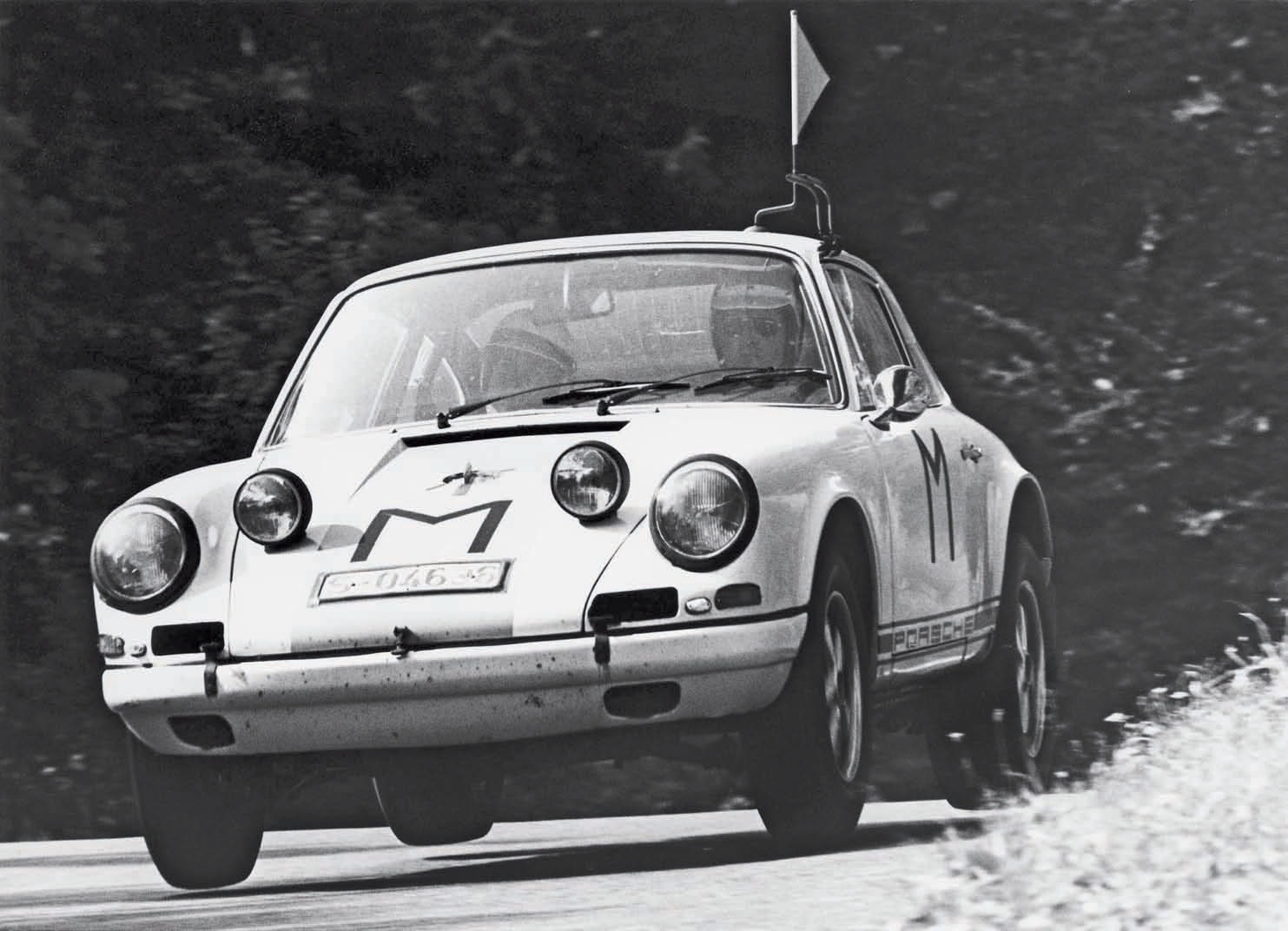 Porsche provided a 911R for Nurburgring medical crews to use during the 1,000-kilometer race. With its four tires off the ground, it’s likely the M-car driver was Porsche racer and test driver Herbert Linge. Porsche Archiv